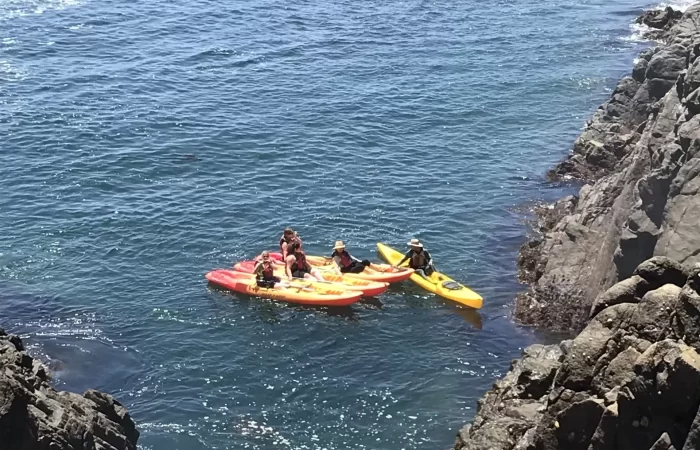 kayaks among cliffs