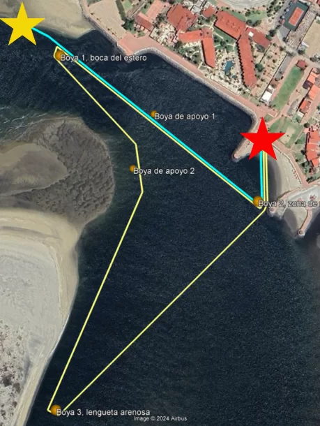 Mapa de recorridos para el Nado Contra Corriente 2026 en el Estero de Punta Banda, Ensenada.
