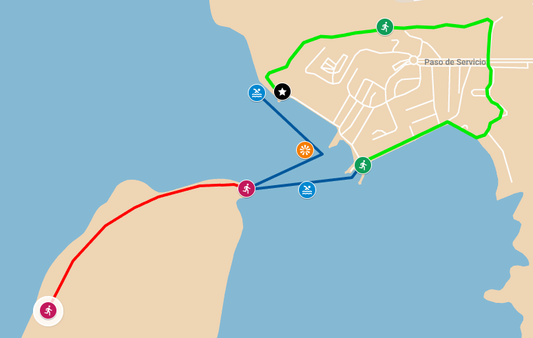 Mapa de rutas del Acuatlón del Estero 2026: circuitos de natación y carrera pedestre en el Estero de Punta Banda, Ensenada